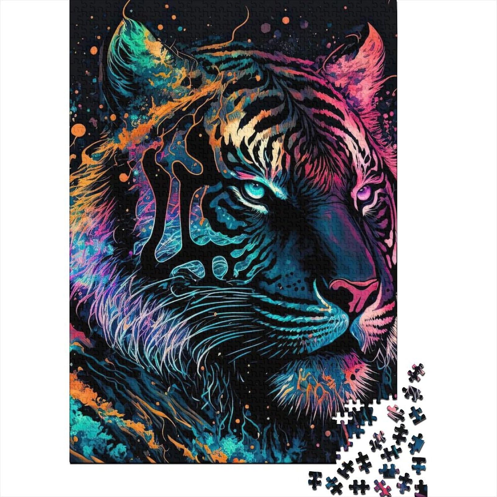 Kunstpuzzle für Erwachsene 1000 Teile, bunter Tiger, Holzpuzzle für Teenager, Geschenke, Lernspielzeug, Familienspiele 29,53x19,69 Zoll