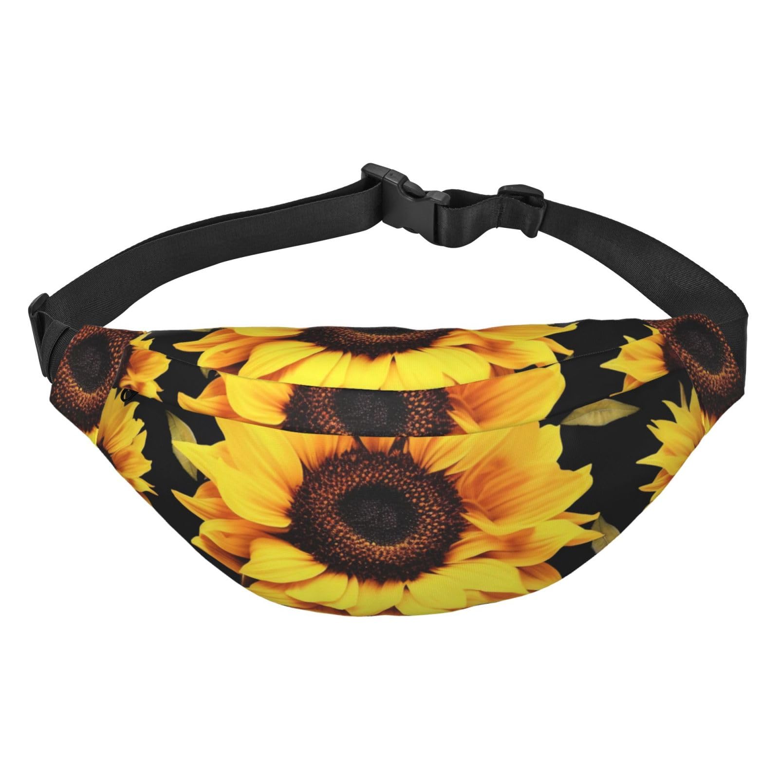 Strapazierfähige und leichte Gürteltasche mit Holzmaserung, wasserabweisendes Polyesterfasermaterial, Sonnenblumenblühende Blumen Pflanzen schwarz und gelb, Einheitsgröße