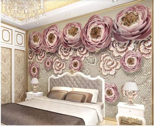 Bestickte Spitze Seide Rosa Floral 3D Tapete Poster Restaurant Schlafzimmer Wohnzimmer Sofa TV Dekorative Wand-150cm×105cm