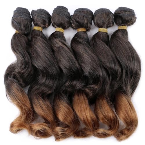 Human Hair Bundles 14/18 Zoll Synthetische Ombre Lockige Webart Bundles Haar 6 Teile/los Natur Braun Farbe Wellenförmige Bundles Haarverlängerungen human hair weave (Size : 6 pcs, Color : T1B/30_14I