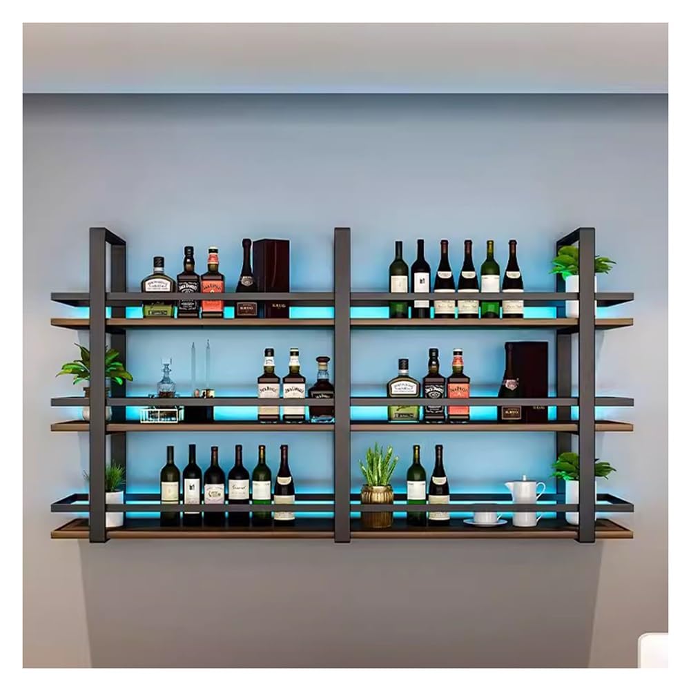 BFVAKBKYT Hängende industrielle runde Weinregale, An der Wand montiertes Weinregal mit LED-Licht, Weinhalter aus Metall for die Hintergrunddekoration von Bar, Wohnzimmer und Restaurant(150x22x120cm)