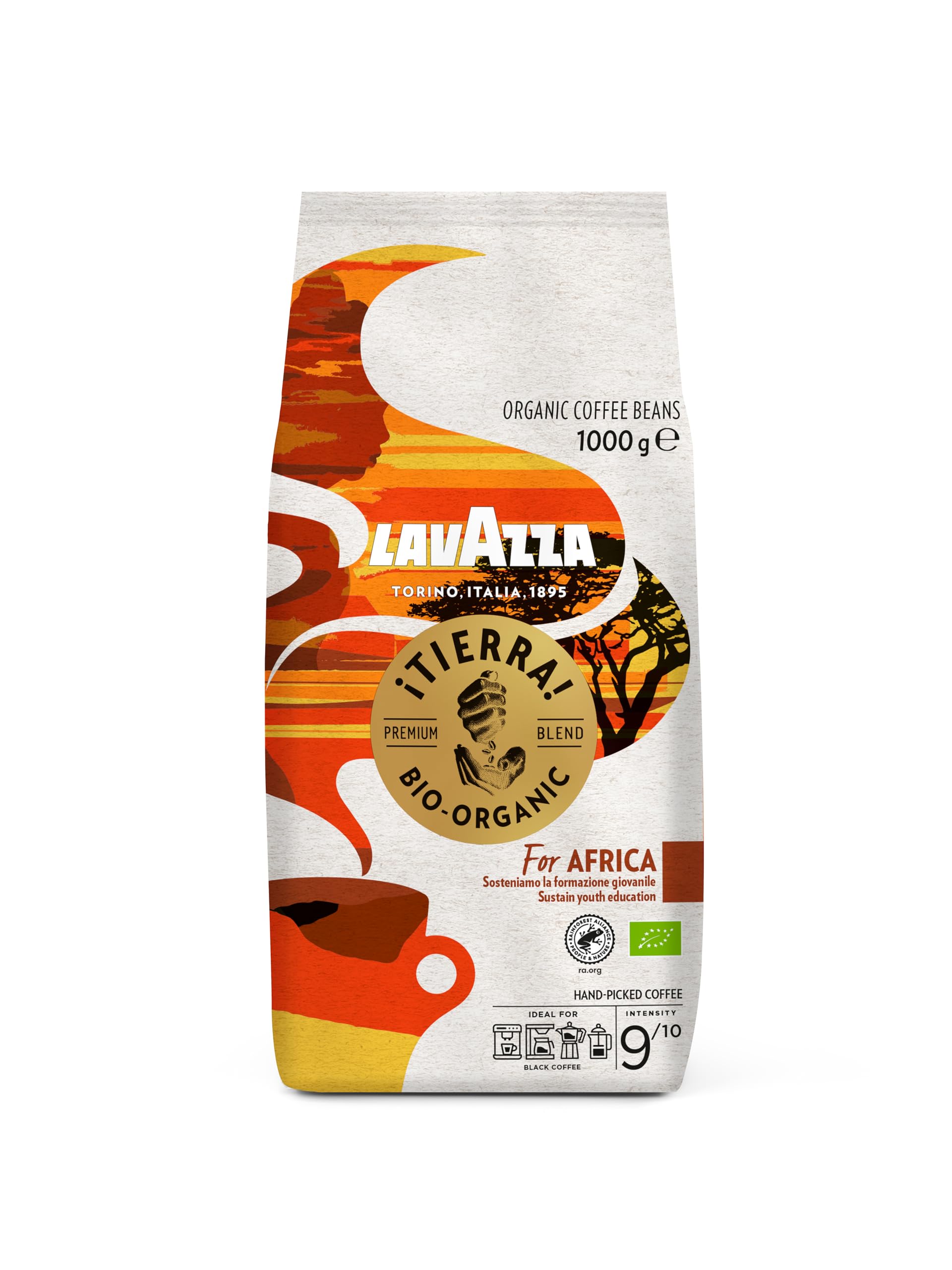 Lavazza, Tierra For Africa, 100% Bio Kaffeebohnen, Ideal für Espressomaschinen, Kräftiger und Vollmundiger Geschmack, Intensität 9/10, Aromen von Nüssen, Mittlere Röstung, 1 kg Packung