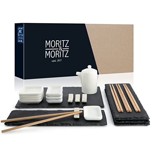 Moritz & Moritz 22-tlg. Sushi Geschirr Set für 4 Personen - Servierset mit 4x Teller, 1x Servierplatte, 4x Dip-Schälchen, 8x Stäbchen u.v.m.