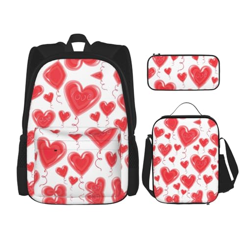 WURTON Romantisches rotes Herz-Druck, verstellbare Schultergurte, Rucksack-Set, Lunchtasche, Federmäppchen, Kombinationstaschen-Set