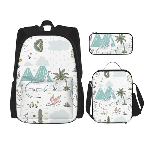 WURTON Rucksack mit Dinosaurier-Motiv, 3-in-1, Büchertaschen-Set, Lunchbox, Federmäppchen, Reise-Laptop-Tagesrucksäcke, Schwarz, Einheitsgröße