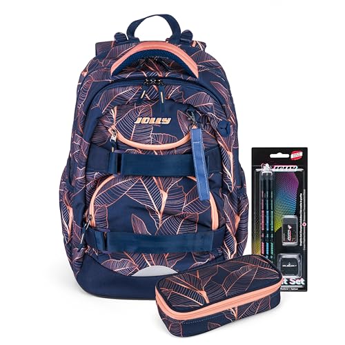 JOLLY Next Generation Rucksack, 8-teilig, verstellbare Schultergurte und Brustgurt, Zwei große Fächer, Innenraumunterteilung, Seitentaschen für Trinkflasche, gepolsterter Tragegriff, Orange/Blau