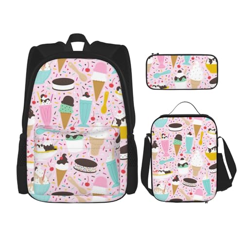 WURTON Rucksack mit süßem Eiscreme-Druck, 3-in-1, Büchertaschen-Set, Lunchbox, Federmäppchen, Reise-Laptop-Tagesrucksäcke, Schwarz, Einheitsgröße