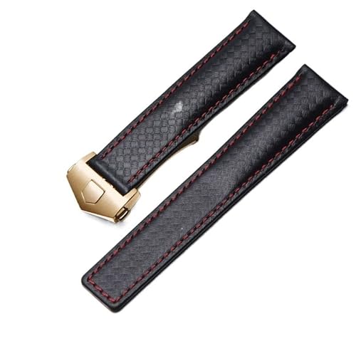 SCRUBY Kohlefasertextur echtes Lederboden -Uhrband für SCHILD Armband schwarz mit roter Liniegurt 20 mm mit Klappschnalle(Black red golden,22mm)