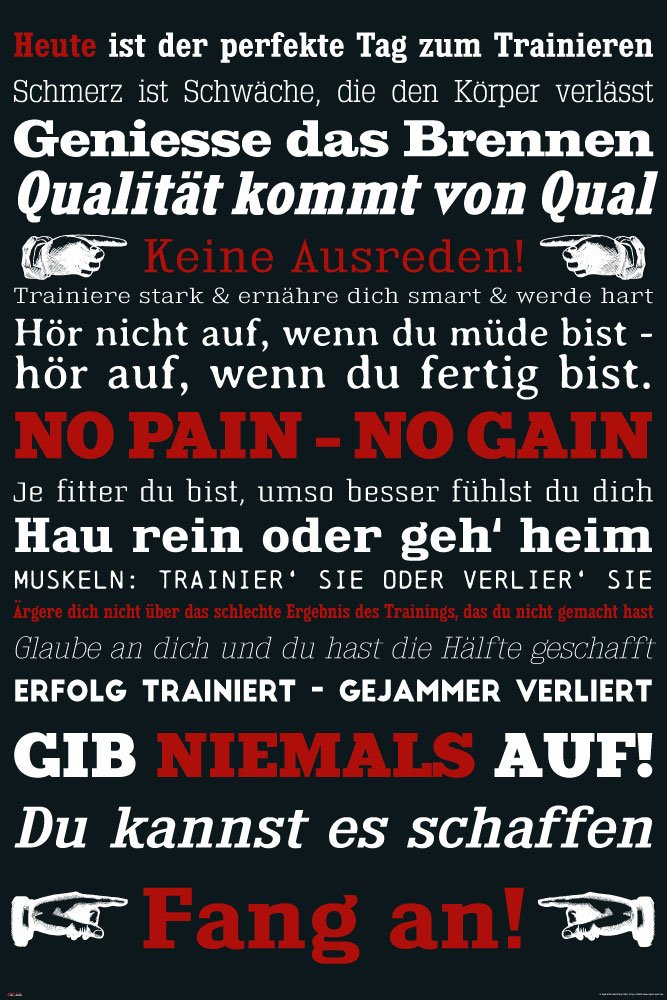 empireposter Motivational - Gym Training - Keine Ausreden! Schwarz - Motivations Poster Plakat Druck - Größe cm + 1 Packung tesa Powerstrips® - Inhalt 20 Stück