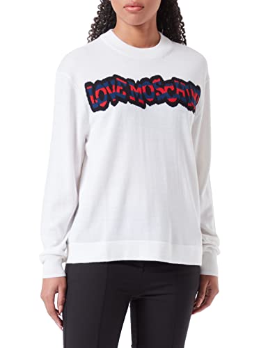 Love Moschino Women's Regular fit Long-Sleeved Roundneck with Striped Logo Pullover Sweater, Optical White, 40