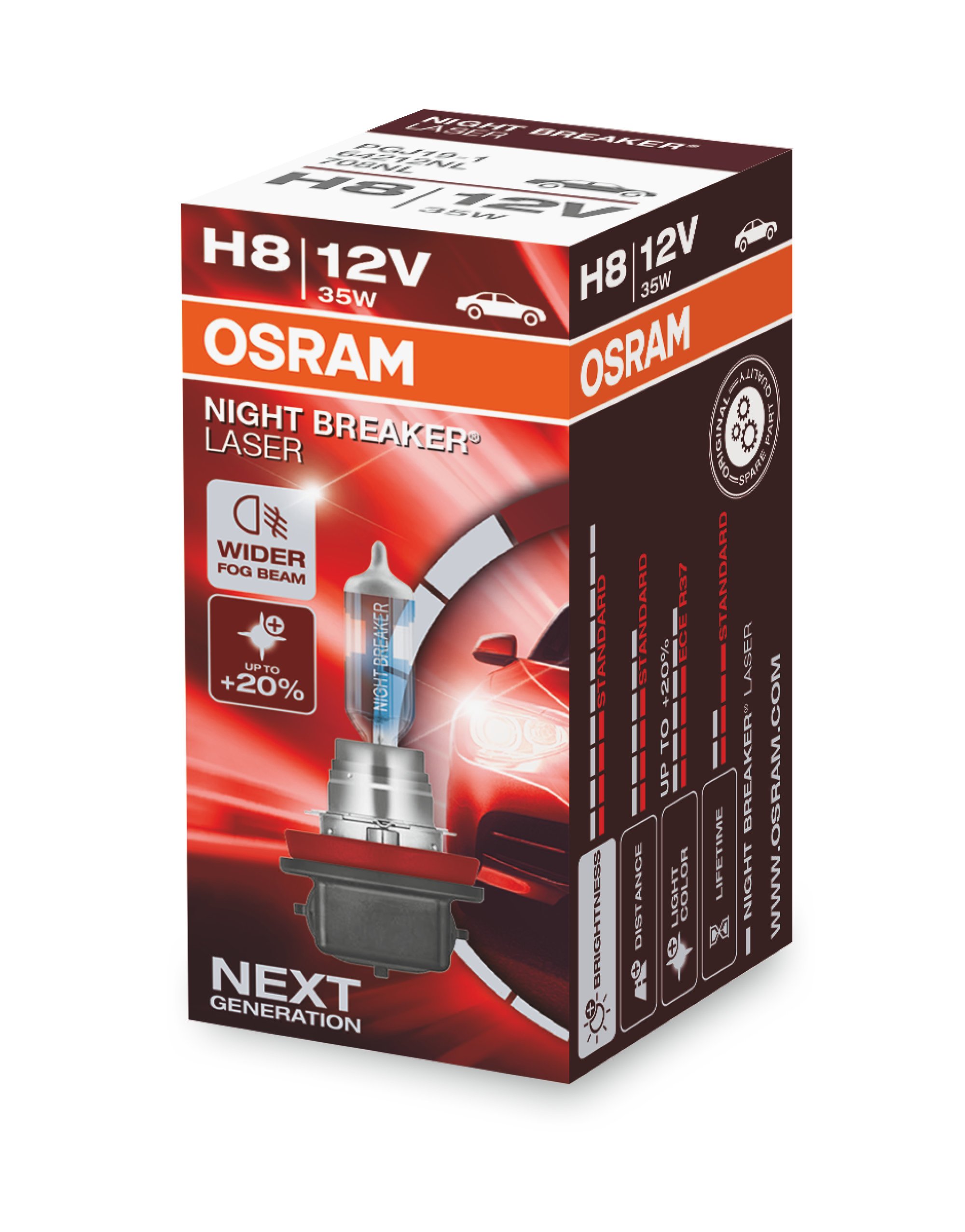 OSRAM NIGHT BREAKER LASER H8, +150% mehr Helligkeit, Halogen-Scheinwerferlampe, 64212NL, 12V PKW, Faltschachtel (1 Lampe)