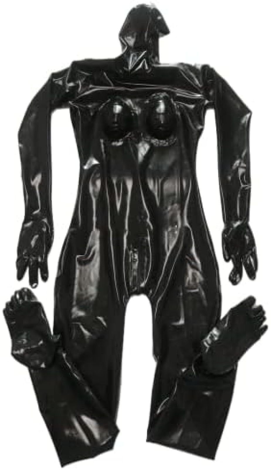 Gesichtseinstieg, Latex-Ganzkörper-Catsuit, Handschuhe, Zehen, Socken, Tasche Für Silikonbrust,(Weiblich) Schwarz,Mittel