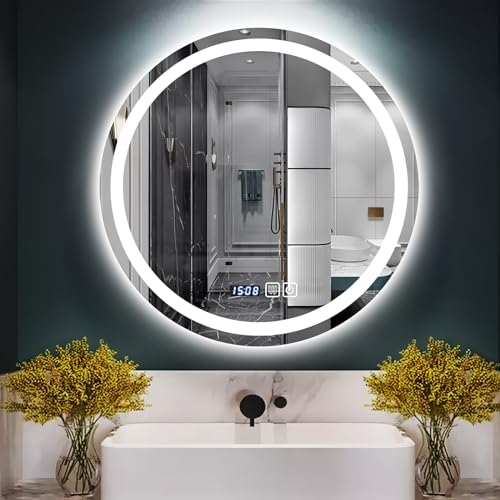 DELURA LED Badspiegel-Rund 40-80 cm, Beschlagfrei, Dimmbar, Energiesparend, Touch, 3000-6000K, Zeit/Temperatur (Size : 40cm)