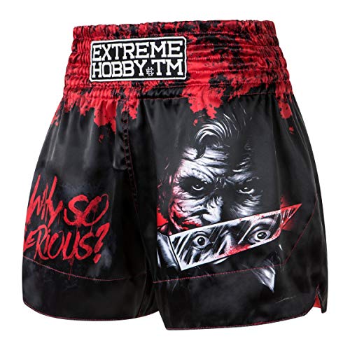 EXTREME HOBBY Muay Thai Shorts WHY SO SERIOUS, Ultraleichte Satin Dehnungsbeständig Kordelzug Männer Thaibox Hose für Herren