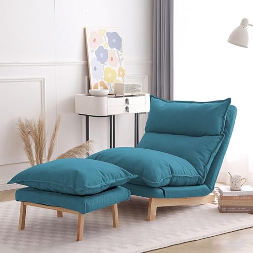 Akzentstuhl mit Ottomane, 2er-Set, Loungesessel, Wohnzimmer, bequemes Set, verstellbare Rückenlehne, Baumwoll- und Leinenmaterial, Lazy Chair mit Ottomane, Blau, Einheitsgröße