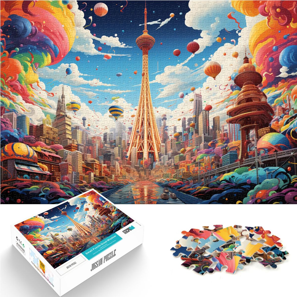 Puzzle, farbenfrohe Psychedelie der Straßenszene des Osaka-Turms, 1000-teiliges Puzzle für Erwachsene, Holzpuzzle, Stressabbau-Spielzeug, 1000 Teile (50 x 75 cm)