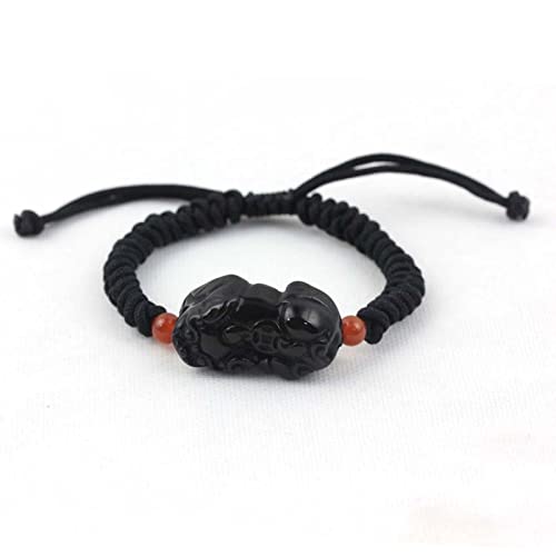 Natural Black Obsidian Stone Handmade Carving Pixiou Fox Black Rope Woven Bracelets For Women Men Jewelry,Pixiou