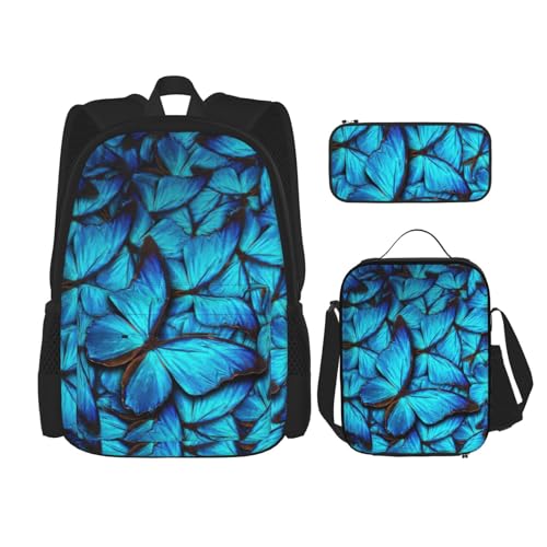 WURTON Viele blaue Schmetterlings-Drucke, trendige Rucksacktaschen, Lunchbox und Federmäppchen, 3-in-1 verstellbares Rucksack-Set