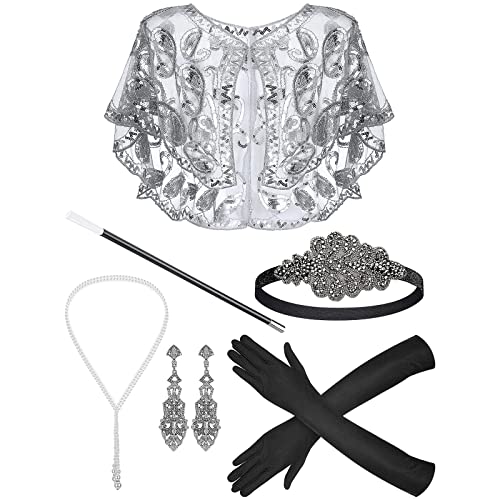 SANRLO Stirnbänder, Haar-Accessoires für Damen, Vintage-Stil, 1920er-Jahre, Flapper Gatsby, Kostümzubehör-Set, Feder-Stirnband, Halskette, Ohrringe für 20er-Jahre Cocktail-Party