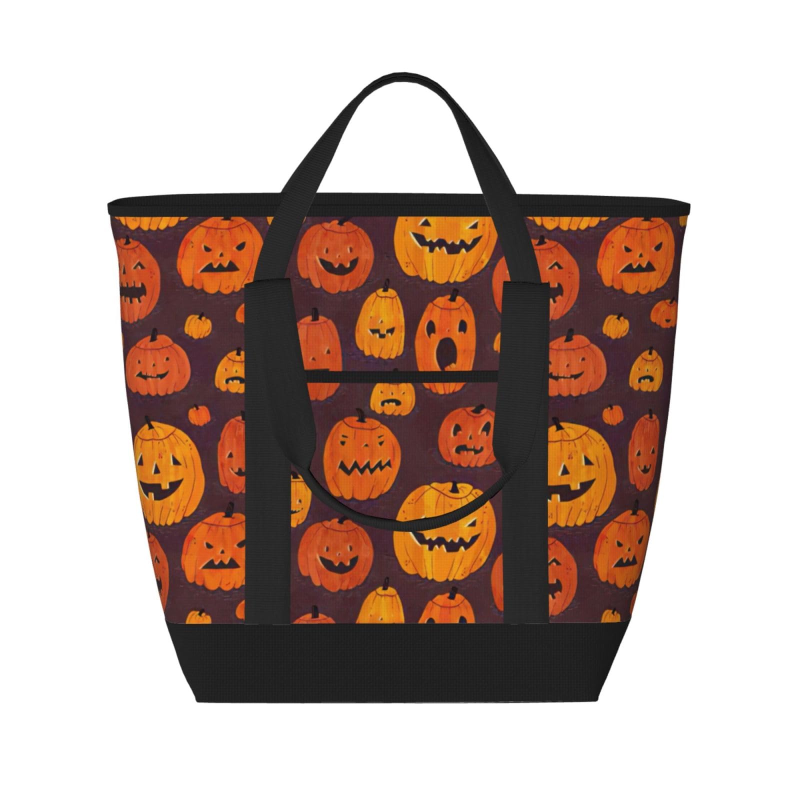 YQxwJL Halloween-Kürbis-Motiv, große Kapazität, isolierte Lunchtasche, wiederverwendbare Einkaufstasche mit Reißverschluss, für Damen und Herren