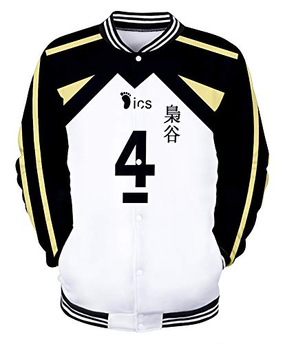 QYIFIRST Baseball Jacke Varsity Stil Schule Jacke Top Fukurodani Academy Bokuto Koutarou No.4 Seemannsjacke Baseballuniform mit Taschen Schwarz/Weiß S (Chest 98cm)