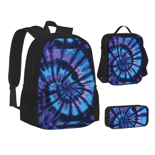 WURTON Violettes Batikdruck-Rucksack-Lunchbox-Set, 3-in-1-Büchertasche und Federmäppchen, passende Kombination, Schwarz, Einheitsgröße