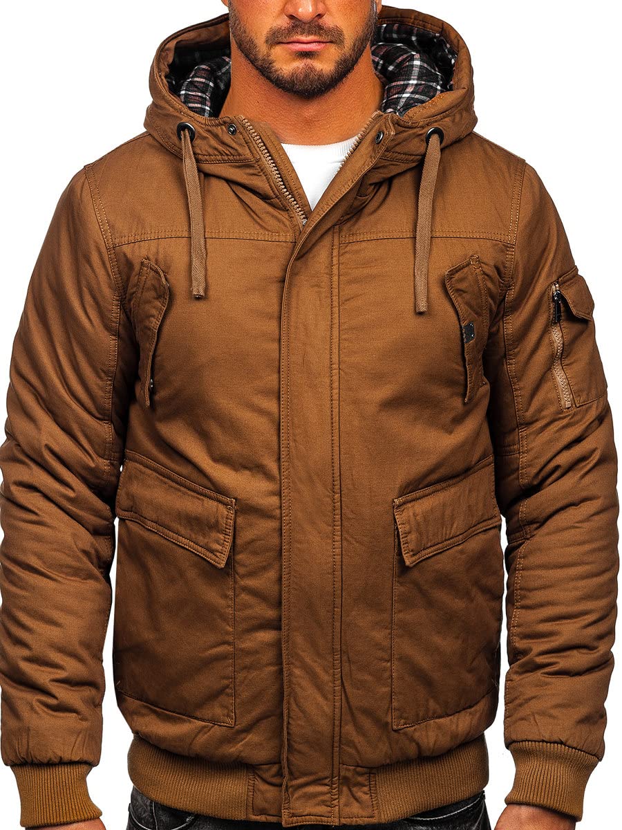 BOLF Herren Winterjacke Gefüttert mit Kapuze Kapuzenjacke Wärm Winter Herbst Freizeit Outdoor Casual Style 1890 Camel XL [4D4]