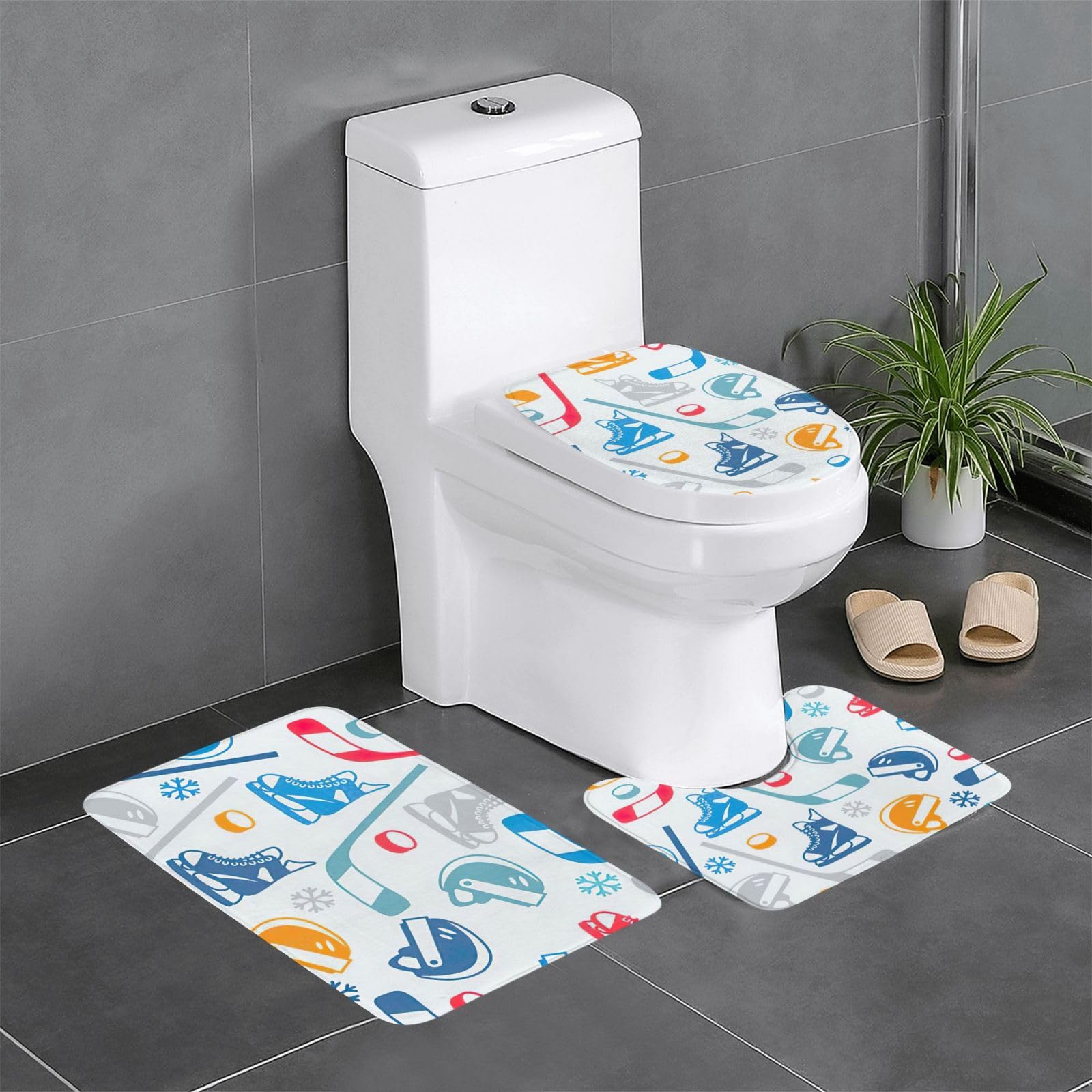 Wurton Hockey Elements Creative Patterned Print Set of 3 Polyester Bathroom Rugs - Stylish Functional Bathroom Rug Set Accessories