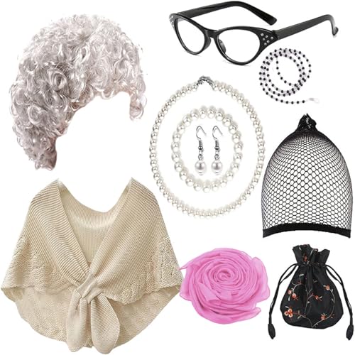 Ranuw Alte Dame Kostüm Set Graue Perücken Künstliche Ohrringe Brille Frauen Alte Dame Rollenspiel Dress Up Zubehör Cosplay Kostüm Anzug