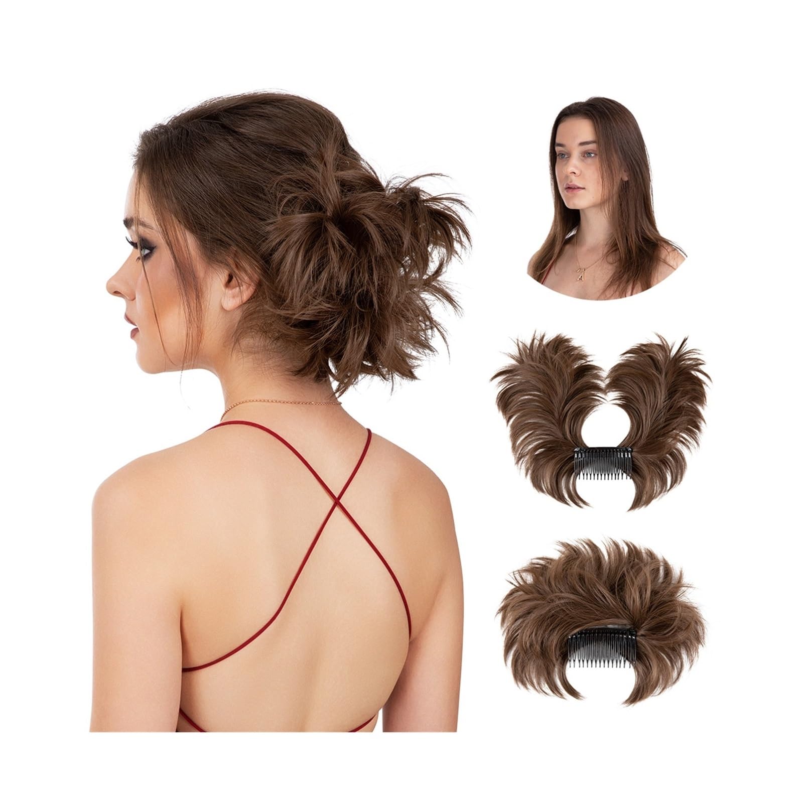 Haarteile Haarknoten Clip-In-Haarteile, Donut-Hochsteckfrisur, Kunsthaar-Dutt-Extensions, unordentliches lockiges Haar, Chignon, Haargummis, Haarteile for Frauen Brötchen Haare(Medium Brown)