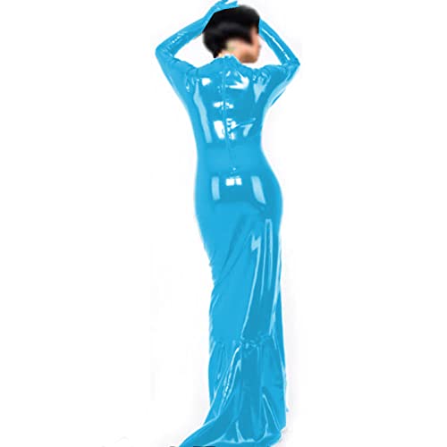 Hoher Ausschnitt Langarm Leder PVC Abendkleider Rückenfrei Partykleider Damen Bademäntel Vestidos,Seeblau,S