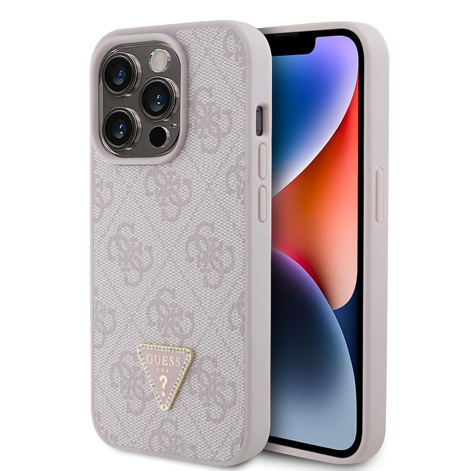 CG MOBILE Guess PU Leder Hülle mit 4G Triangle Strass & Triangle Logo für iPhone 15 Pro Rosa