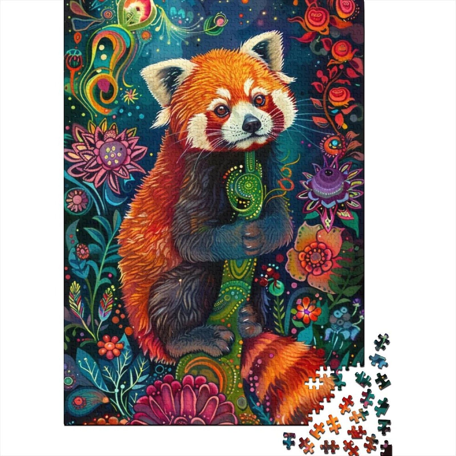 Buntes Holzpuzzle mit rotem Panda für Erwachsene und Jugendliche, 1000 Teile, für Erwachsene und Jugendliche, als Geschenk für die ganze Familie und die (75x50cm)