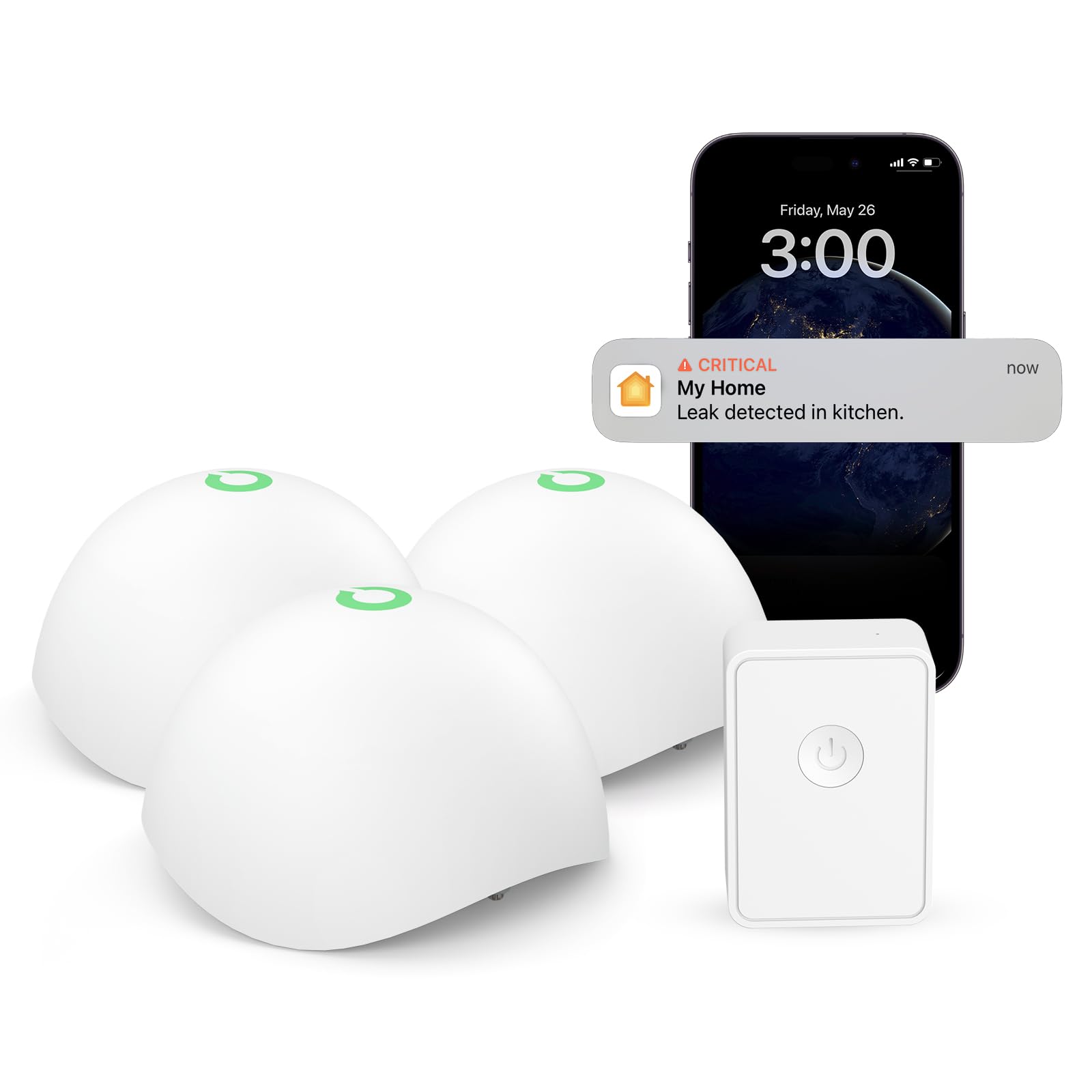 Meross Smart Wassermelder WLAN Wasseralarm 3St. für HomeKit, Wassersensor mit Hub kompatibel mit Apple Home, Alexa und SmartThings drahtloser Flutdetektor IP67, Audio-Alarm für Küche, Badezimmer