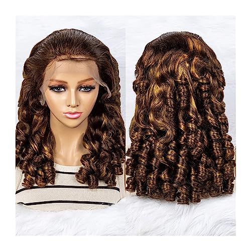 Perücken Lockige gewellte Echthaar-Perücken, 13 x 4 Spitzenfront, Brailizan-Haarperücken, lockiger Bob mit Babyhaar for schwarze Frauen Damenperücke(Size:P4-27 200 density,Color:16inches 1PC)