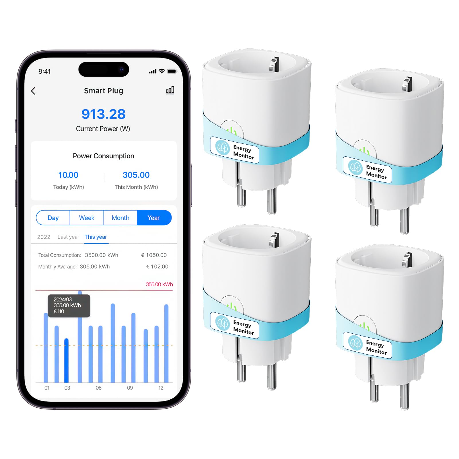 Meross Smart WLAN Steckdose mit Strommessung 16A, Zeitschaltuhr Steckdose mit Sprachsteuerung, Fernzugriff, Smart Home WiFi Steckdose kompatibel mit Alexa, Google Home, SmartThings, 4er