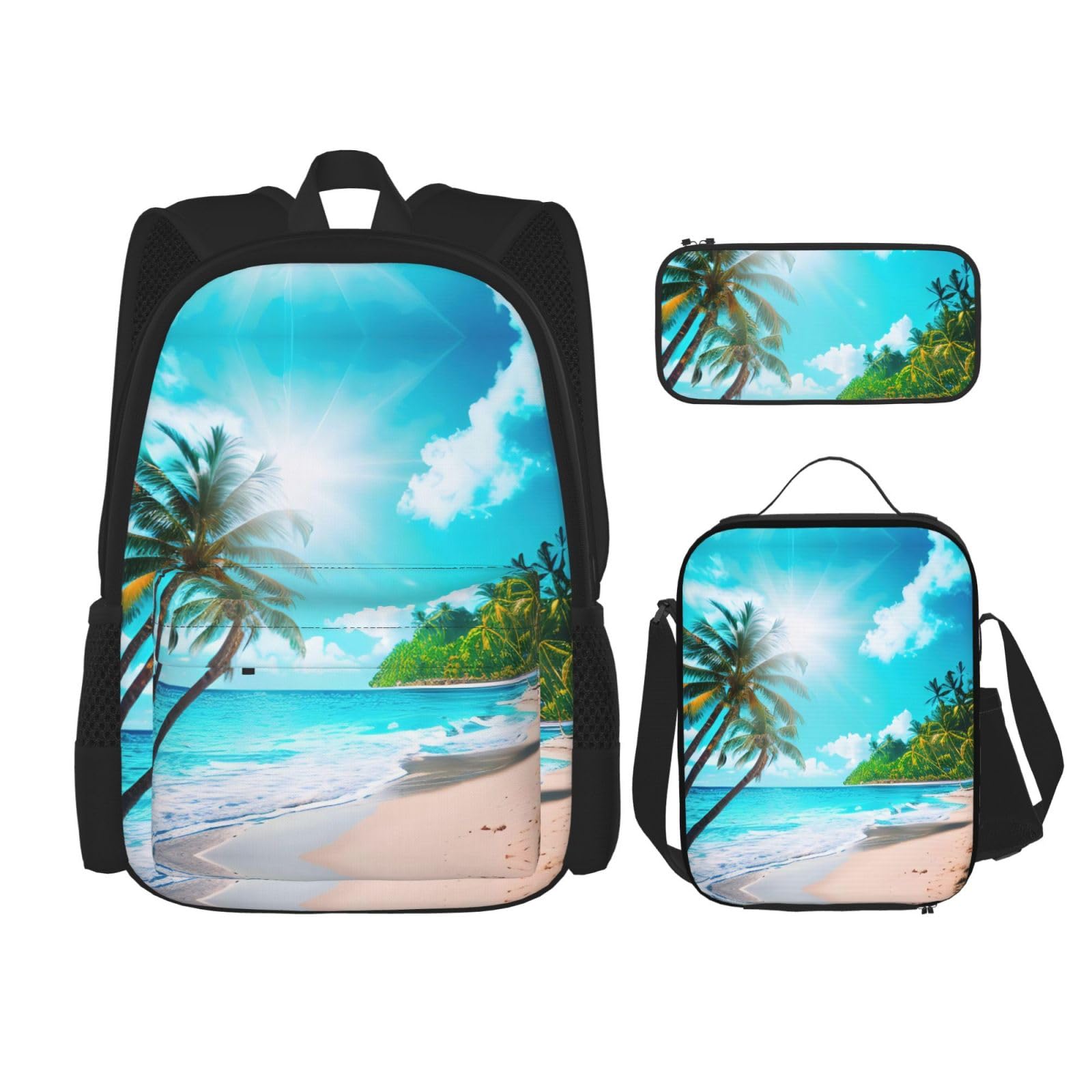 YQxwJL 3-in-1-Rucksack-Büchertaschen-Set, Strand-Seestern-Druck, lässiger Reiserucksack, mit Federmäppchen, Lunchtasche, Tropischer Ozean und Strand, Einheitsgröße