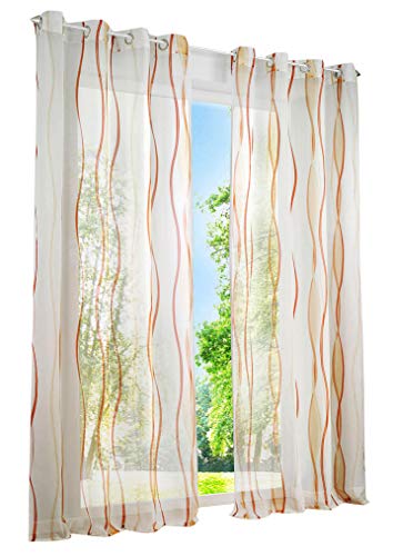 LiYa 1 Stück Gardinen mit Wellen Muster Design Schals Voile Transparent Fenster Vorhang (BxH 140x145cm, Orange mit Ösen)