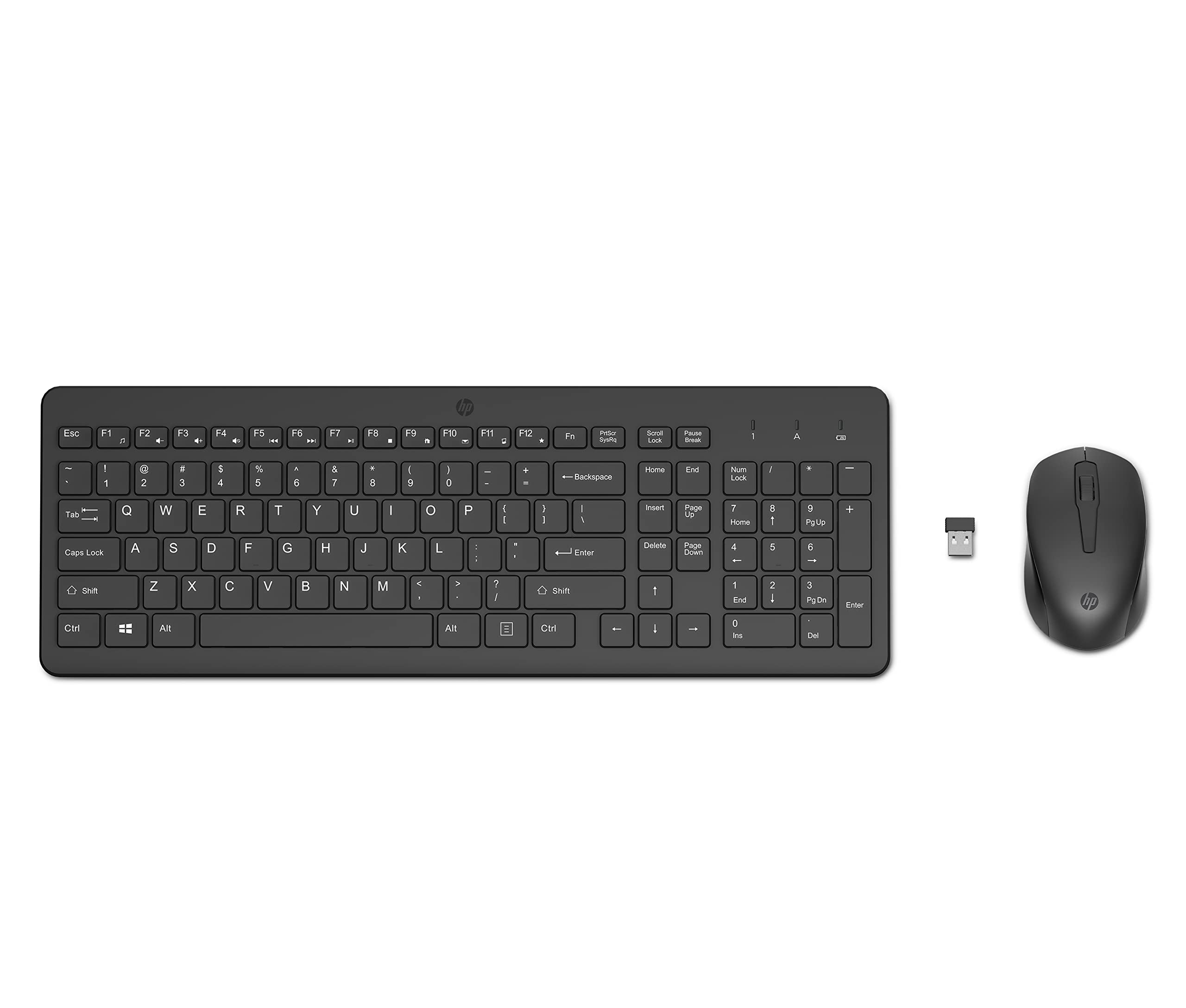 HP 150 kabellose Tastatur und Maus, 2,4 GHz, LED-Anzeige, Tastensperre, 12 Tastenkombinationen, Plug and Play, optische Sensor-Maus mit 1600 DPI, kompatibel mit Windows 10 und 11, schwarz