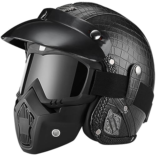 Motorradhelm Lederhelm Jethelme Retro Leder-Helm Vintage Mopedhelm mit Brille Maske Motorradkreuzer-Rollerhelm im Deutschen Stil für Männer und Frauen,E-M(57~58cm)