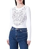 Love Moschino Damen Tight-fitting Long Sleeves With Rose And Hands Print With Transparent Rhinestones T Shirt, Optical White, 38 EU