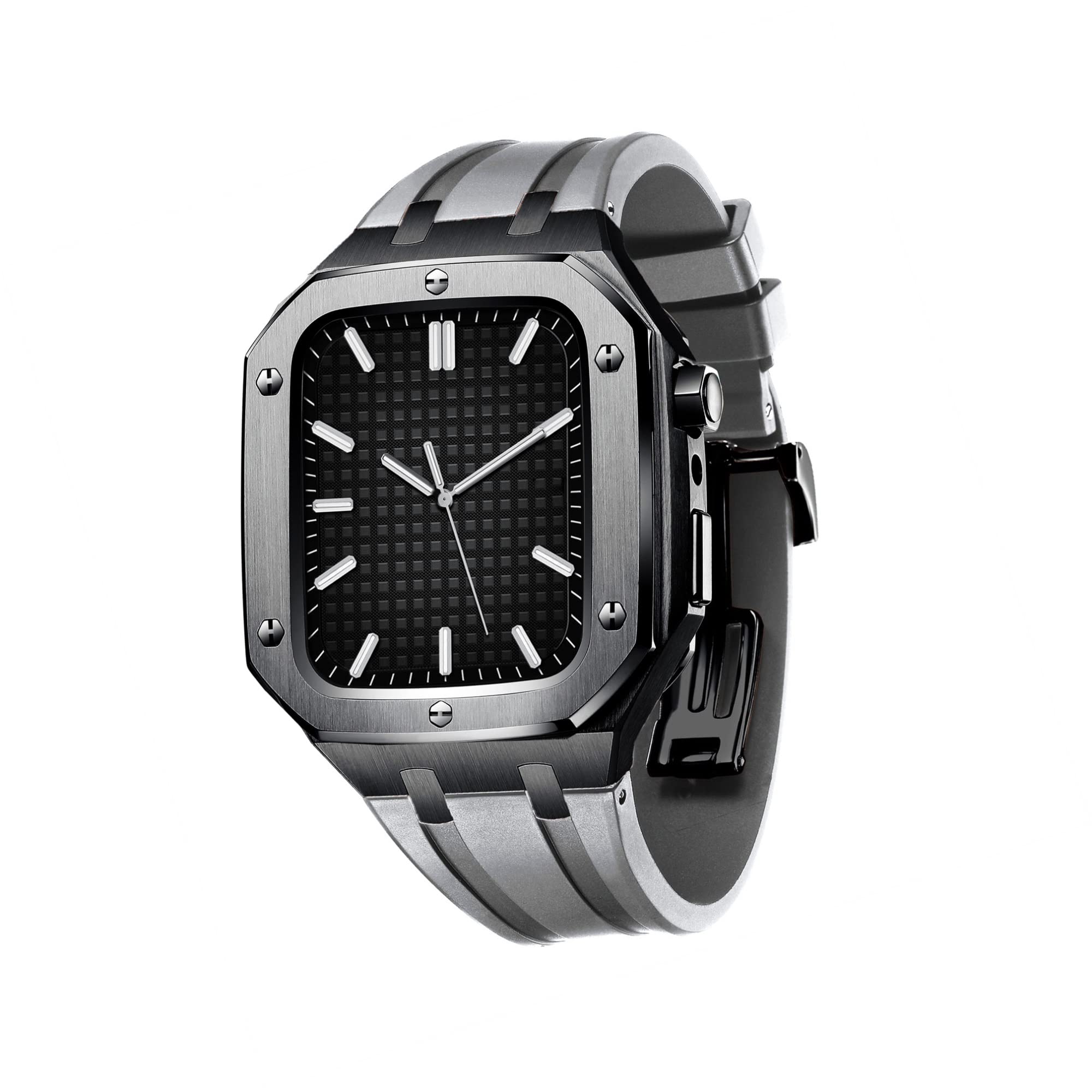 TONECY Herren und Damen, Militär-Metallgehäuse für iWatch Serie 7/SE/6/5/4, Business-Casual-Stil, Uhrenarmband, Silikonband, stoßfest, Stoßfänger für Apple Watch, 45 mm, 44 mm (Farbe: Schwarzgrau,