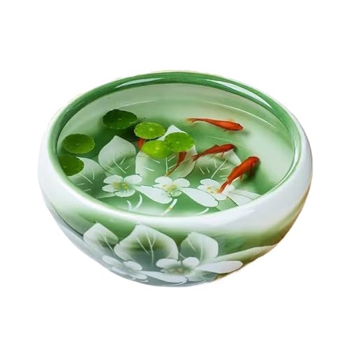 Aquarium Handbemalter Keramik-Aquarium mit grünem Lotus-Finish for den Schreibtisch, Futterbehälter for Goldfische und Schildkröten, runder Keramik-Übertopf Aquarium-Kit(24x24x12cm)