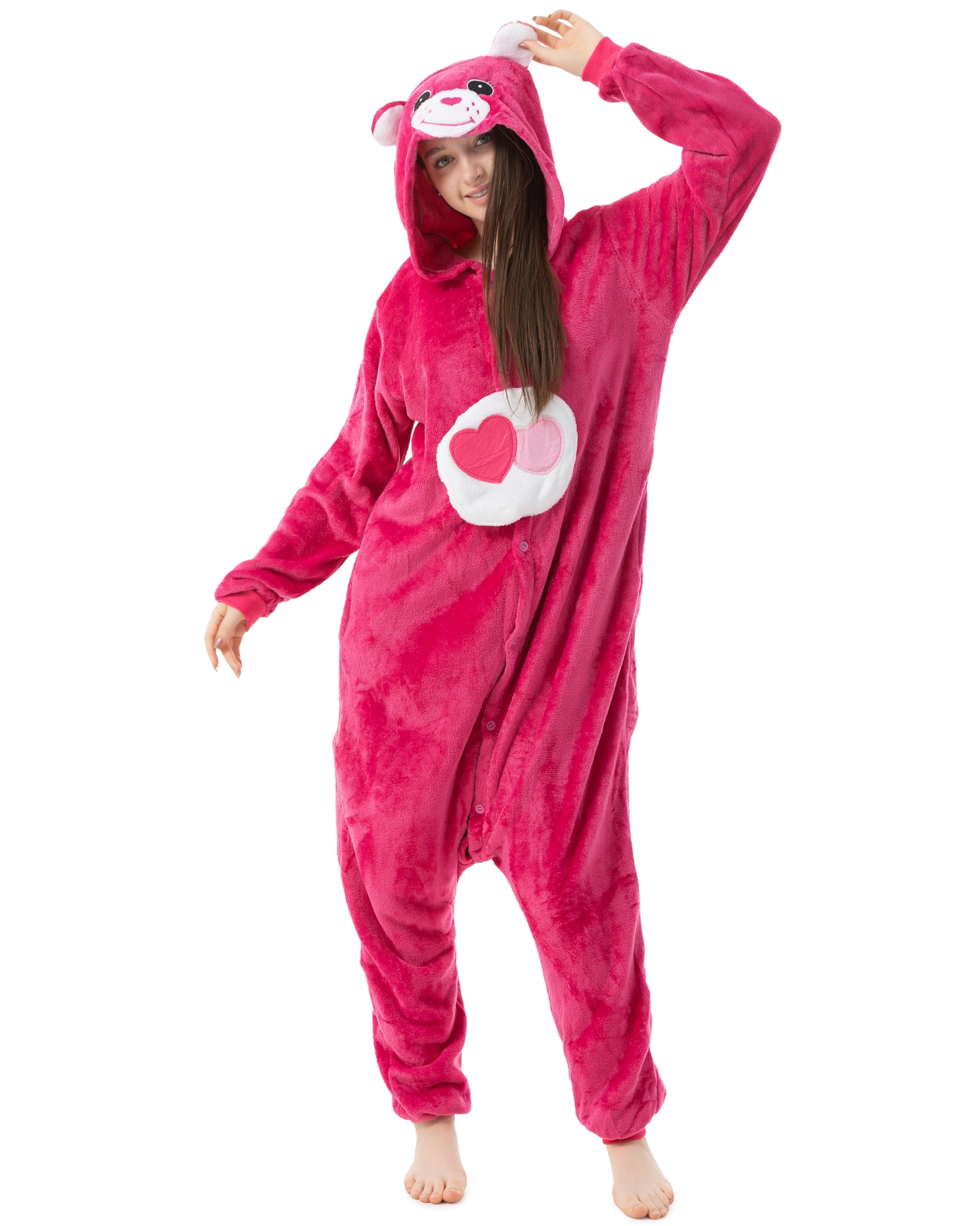 Katara 1744 Glücksbärchis Onesie Jumpsuit Süßes Kostüm-Fasching Karneval Party Hausanzug Cosplay Einteiler Sleepsuit Kapuze, Glücksbärchi Pink Herz, XL