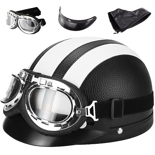 Motorradhelm Retro Leder Halbhelme Halbschale Jet-Helm Mit Fliegerbrille Motorrad Brain-Cap Halbschalenhelm Roller-Helm Mofa-Für Helm Herren Damen Mopedhelm Halber Jethelm ECE-Zertifiziert