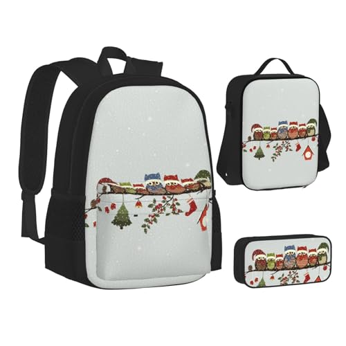 WURTON Süße Weihnachts-Eulen auf Ast, Rucksack, Lunchbox-Set, 3-in-1 Büchertasche und Federmäppchen, passende Kombination, Schwarz, Einheitsgröße