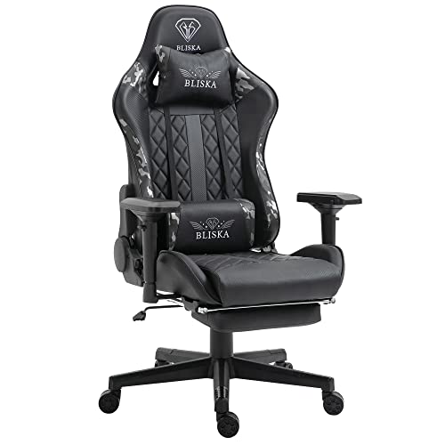 Gaming Stuhl mit Fußstütze und ergonomsichen 4D-Armlehnen - gaming chair in Sportsitz Optik - Gamer Stuhl mit verstellbaren Rückenstützkissen für gesündere Sitzhaltung, Farbe:Schwarz/Military -Grau