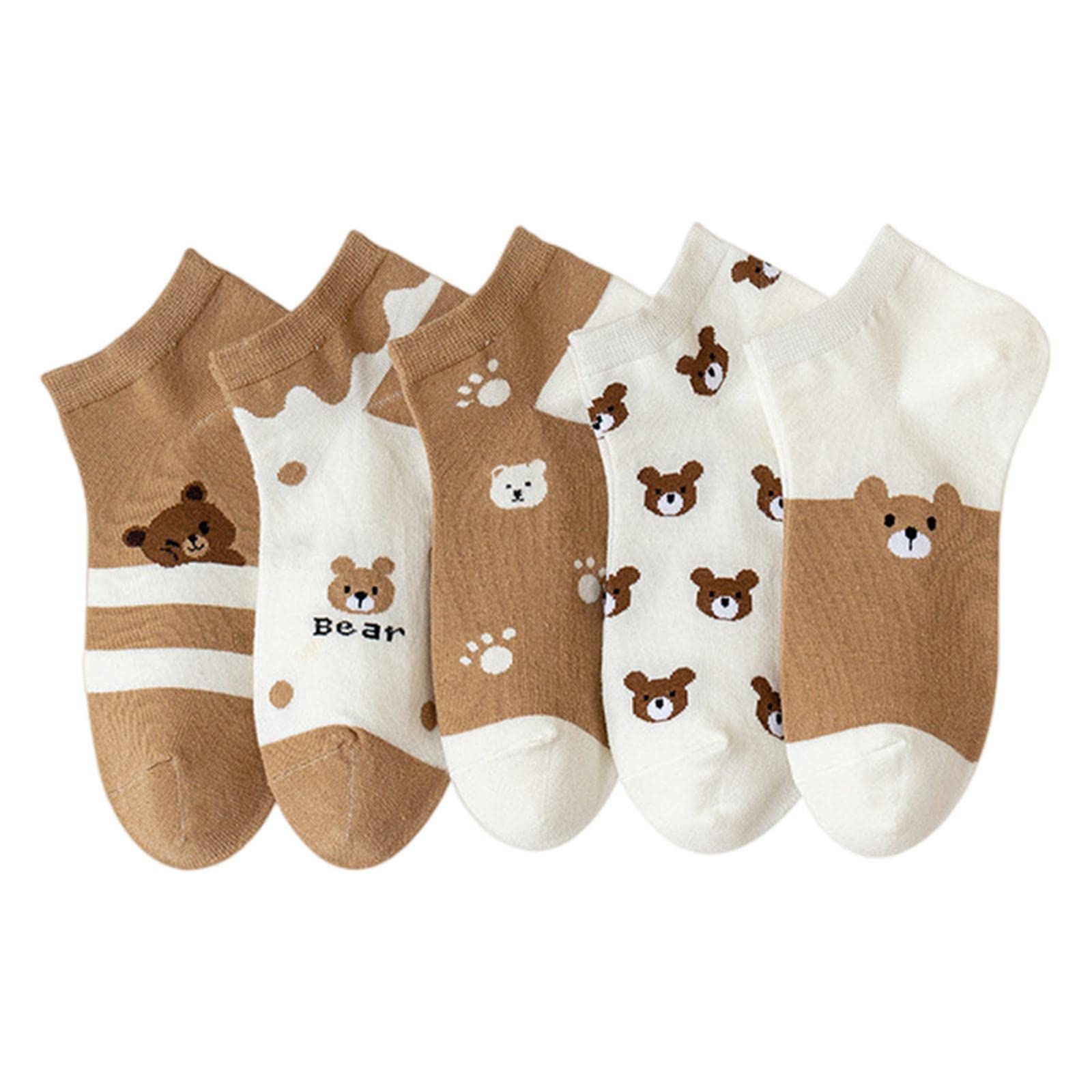 SHUIZONG Socks 5 Paare Sommer Baumwollwomen Socken Kurz Cartoon Bären Druck Knöchel Socken Weibliche Lässige Süße Mädchen Lady Socken Socken-5Pairs Brown,M