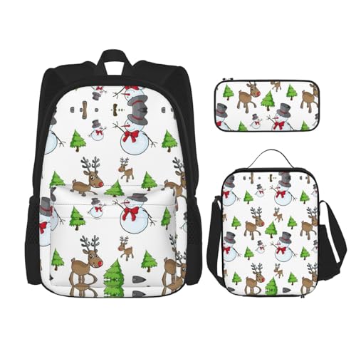 WURTON Frohe Weihnachten Happy Print Schulrucksack 3 in 1 Büchertasche Set mit Lunchbox Federmäppchen Reise Laptop Daypacks