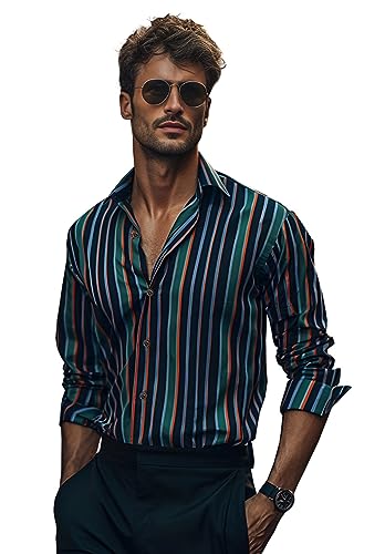 WINDEHAO Herren Casual Langarm gestreiftes bedrucktes Hemd Mode Button Down Strand Yoga Top Lang anhaltender Komfort Regular-Fit Hemd (C35-4,L)